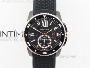 Calibre de Cartier W7100056 DLC/RG JJF Black Dial on Black Rubber Strap