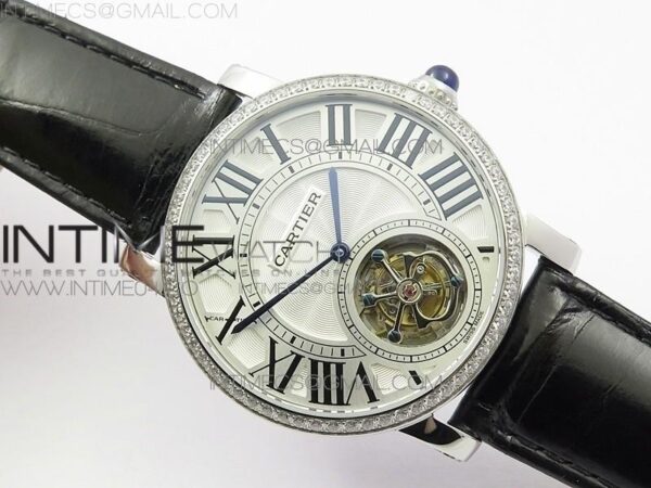 Rotonde Flying Tourbillon SS BLF White Dial Diamonds Bezel on Black Leather Strap V2 - Image 6