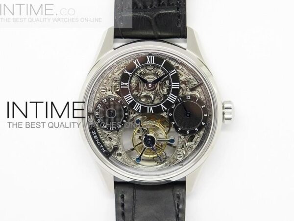 Zenith Tourbillon SS Black Skeleton Dial on Black Leather Strap