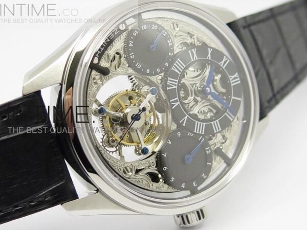 Zenith Tourbillon SS Black Skeleton Dial on Black Leather Strap - Image 11