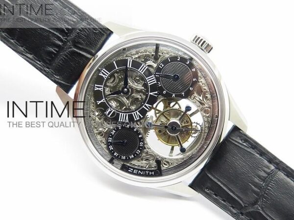 Zenith Tourbillon SS Black Skeleton Dial on Black Leather Strap - Image 3