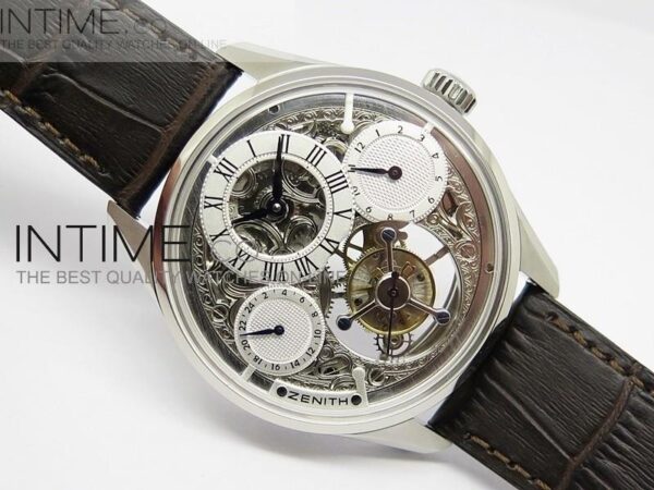 Zenith Tourbillon SS White Skeleton Dial on Brown Leather Strap - Image 10