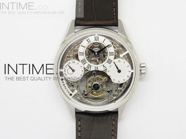 Zenith Tourbillon SS White Skeleton Dial on Brown Leather Strap
