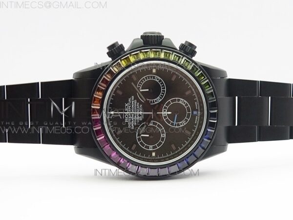 Daytona Blaken Rainbow Crystal Bezel PVD OXF Best Edition Black Dial on PVD Bracelet A7750 - Image 2