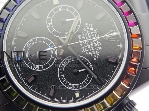 Daytona Blaken Rainbow Crystal Bezel PVD OXF Best Edition Black Dial on PVD Bracelet A7750 - Image 3