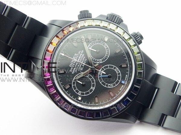 Daytona Blaken Rainbow Crystal Bezel PVD OXF Best Edition Black Dial on PVD Bracelet A7750 - Image 5