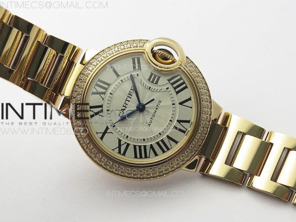 Ballon Bleu 33mm Double Diamonds Bezel RG K3F 1:1 Best Edition White Textured Dial on SS Bracelet A076 - Image 2