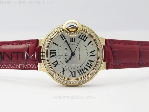 Ballon Bleu 33mm Diamonds Bezel RG K3F 1:1 Best Edition White Dial on Red Leather Strap A076 - Image 3