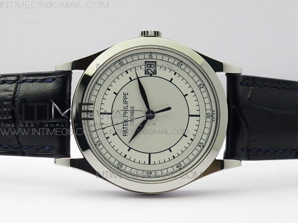 Calatrava 5296G SS ZF 1:1 Best Edition White Dial Blue Hands on Black Leather Strap 324CS - Image 3