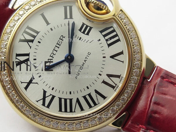 Ballon Bleu 33mm Diamonds Bezel RG K3F 1:1 Best Edition White Dial on Red Leather Strap A076 - Image 5