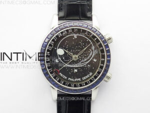 6104P Moon SS 3EF Best Edition Black Dial Blue T Diamond Bezel on Black Leather Strap A240