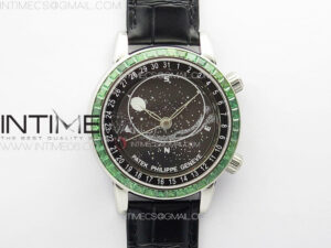 6104P Moon SS 3EF Best Edition Black Dial Green T Diamond Bezel on Black Leather Strap A240