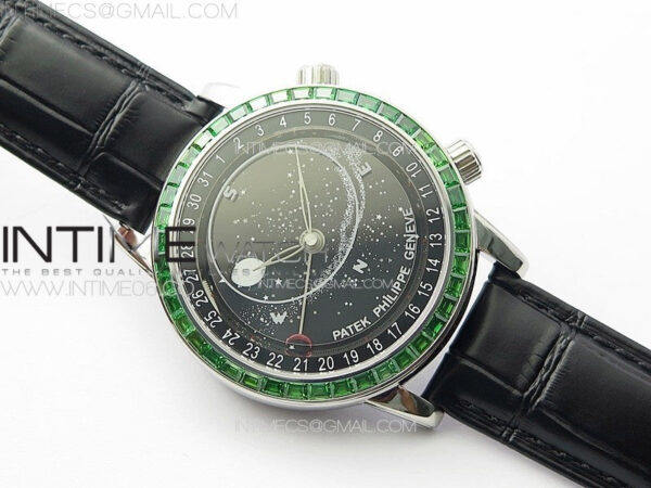 6104P Moon SS 3EF Best Edition Black Dial Green T Diamond Bezel on Black Leather Strap A240 - Image 2