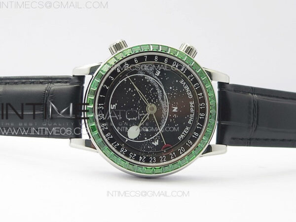6104P Moon SS 3EF Best Edition Black Dial Green T Diamond Bezel on Black Leather Strap A240 - Image 3