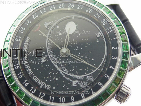 6104P Moon SS 3EF Best Edition Black Dial Green T Diamond Bezel on Black Leather Strap A240 - Image 4