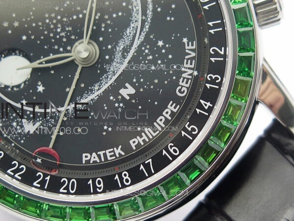 6104P Moon SS 3EF Best Edition Black Dial Green T Diamond Bezel on Black Leather Strap A240 - Image 5