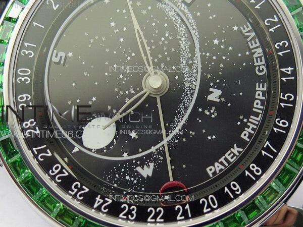6104P Moon SS 3EF Best Edition Black Dial Green T Diamond Bezel on Black Leather Strap A240 - Image 6
