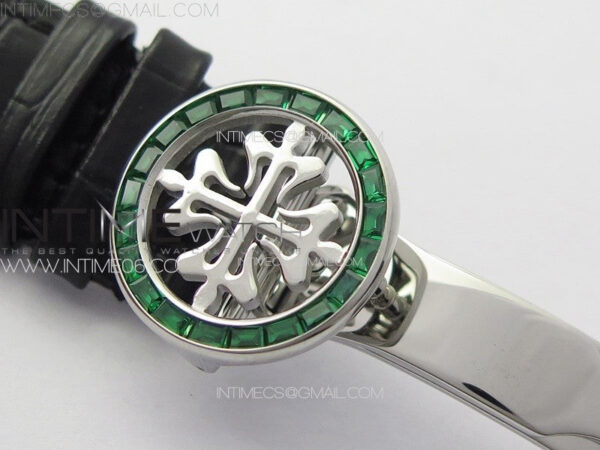 6104P Moon SS 3EF Best Edition Black Dial Green T Diamond Bezel on Black Leather Strap A240 - Image 11