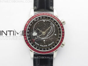 6104P Moon SS 3EF Best Edition Black Dial Red T Diamond Bezel on Black Leather Strap A240