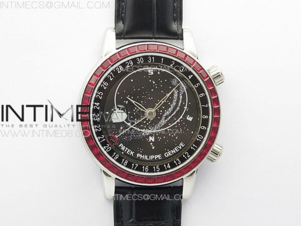 6104P Moon SS 3EF Best Edition Black Dial Red T Diamond Bezel on Black Leather Strap A240