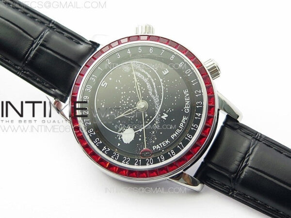 6104P Moon SS 3EF Best Edition Black Dial Red T Diamond Bezel on Black Leather Strap A240 - Image 2