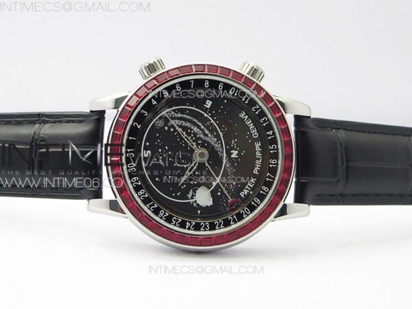 6104P Moon SS 3EF Best Edition Black Dial Red T Diamond Bezel on Black Leather Strap A240 - Image 3