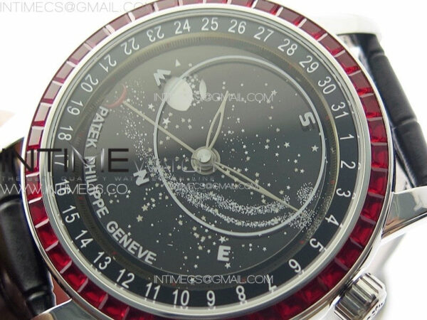 6104P Moon SS 3EF Best Edition Black Dial Red T Diamond Bezel on Black Leather Strap A240 - Image 4