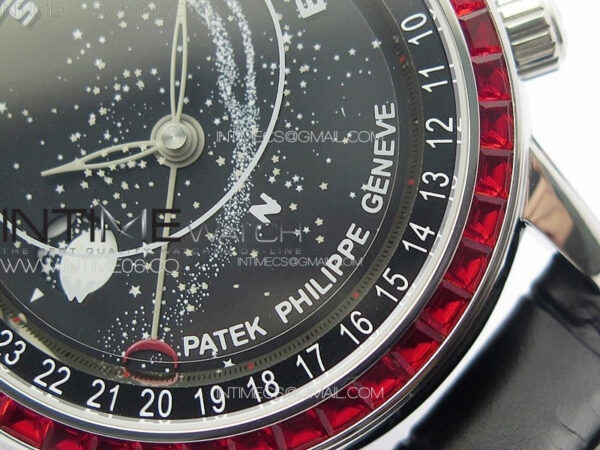 6104P Moon SS 3EF Best Edition Black Dial Red T Diamond Bezel on Black Leather Strap A240 - Image 5