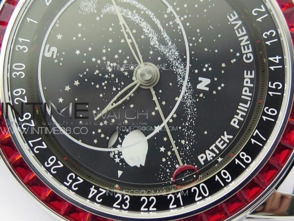 6104P Moon SS 3EF Best Edition Black Dial Red T Diamond Bezel on Black Leather Strap A240 - Image 6