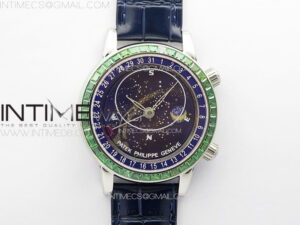 6104P Moon SS 3EF Best Edition Blue Dial Green T Diamond Bezel on Blue Leather Strap A240