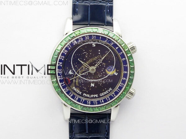 6104P Moon SS 3EF Best Edition Blue Dial Green T Diamond Bezel on Blue Leather Strap A240