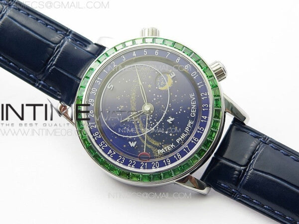6104P Moon SS 3EF Best Edition Blue Dial Green T Diamond Bezel on Blue Leather Strap A240 - Image 2