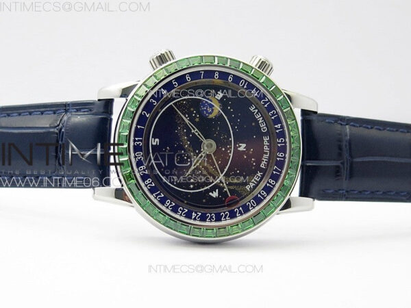 6104P Moon SS 3EF Best Edition Blue Dial Green T Diamond Bezel on Blue Leather Strap A240 - Image 3