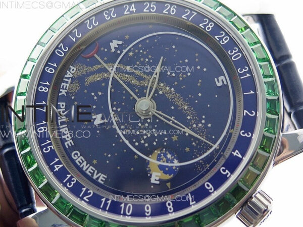 6104P Moon SS 3EF Best Edition Blue Dial Green T Diamond Bezel on Blue Leather Strap A240 - Image 4
