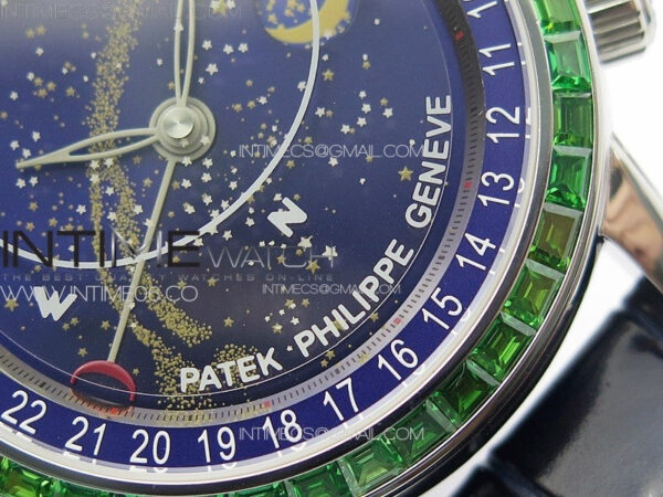 6104P Moon SS 3EF Best Edition Blue Dial Green T Diamond Bezel on Blue Leather Strap A240 - Image 5