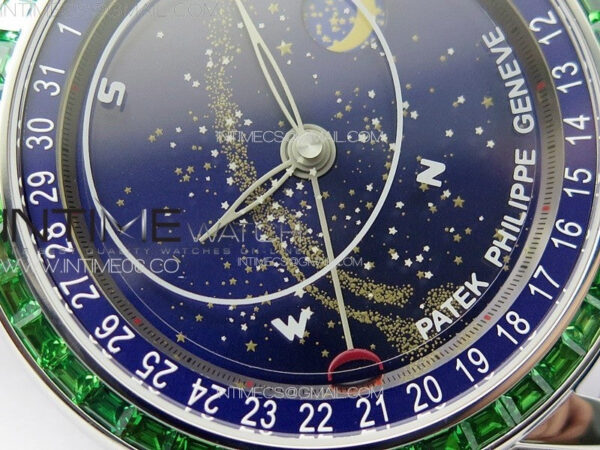 6104P Moon SS 3EF Best Edition Blue Dial Green T Diamond Bezel on Blue Leather Strap A240 - Image 6