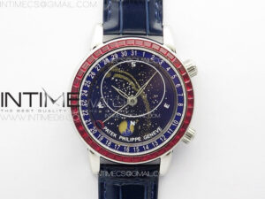 6104P Moon SS 3EF Best Edition Blue Dial Red T Diamond Bezel on Blue Leather Strap A240