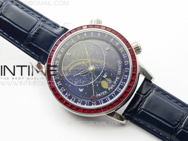 6104P Moon SS 3EF Best Edition Blue Dial Red T Diamond Bezel on Blue Leather Strap A240 - Image 2