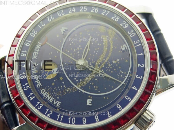 6104P Moon SS 3EF Best Edition Blue Dial Red T Diamond Bezel on Blue Leather Strap A240 - Image 4