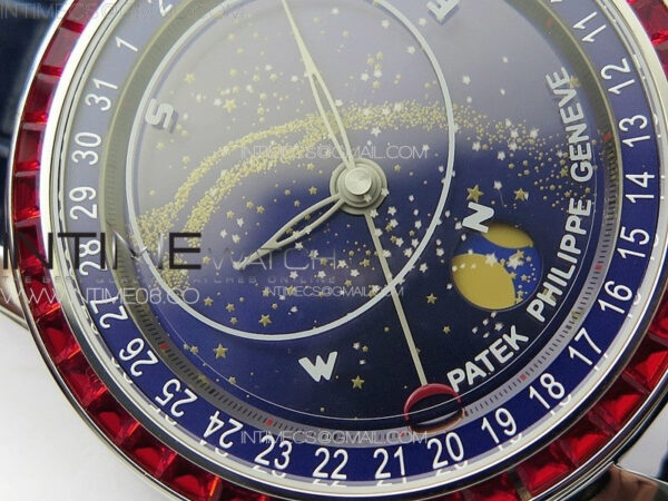 6104P Moon SS 3EF Best Edition Blue Dial Red T Diamond Bezel on Blue Leather Strap A240 - Image 6