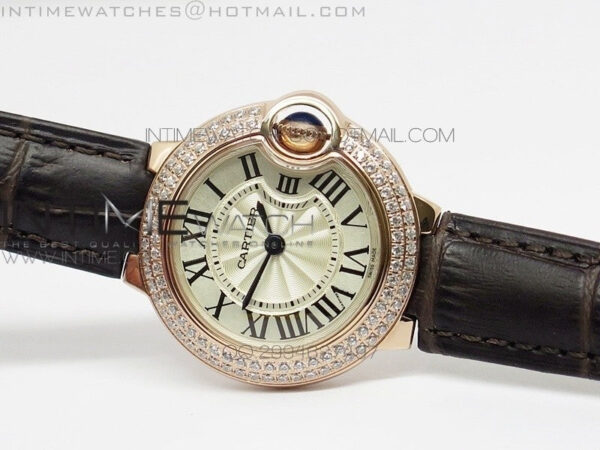 Ballon Bleu 28mm Ladies Diamind Bezel White Textured Dial on Brown Leather Ronda Quartz - Image 2