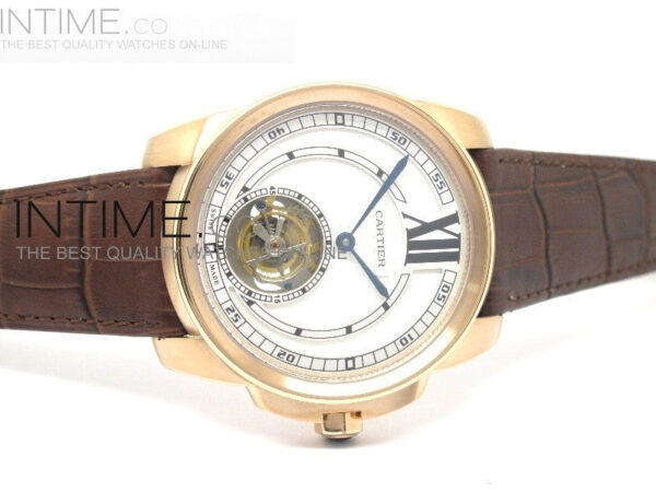 Calibre de RG Tourbillon White Dial on Brown Leather Strap - Image 3