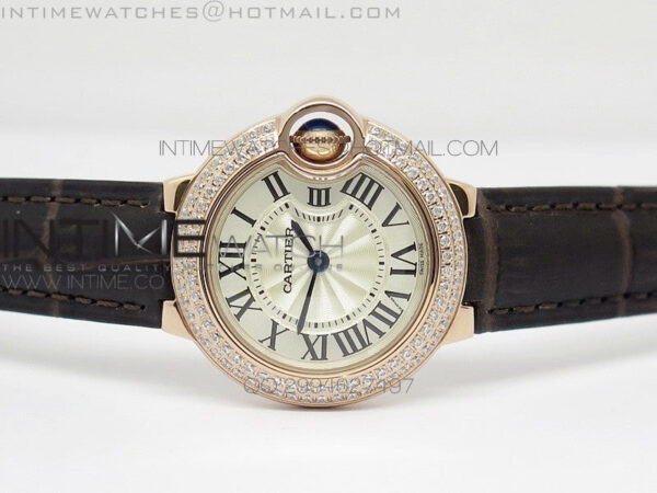 Ballon Bleu 28mm Ladies Diamind Bezel White Textured Dial on Brown Leather Ronda Quartz - Image 3