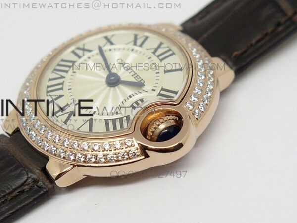Ballon Bleu 28mm Ladies Diamind Bezel White Textured Dial on Brown Leather Ronda Quartz - Image 5