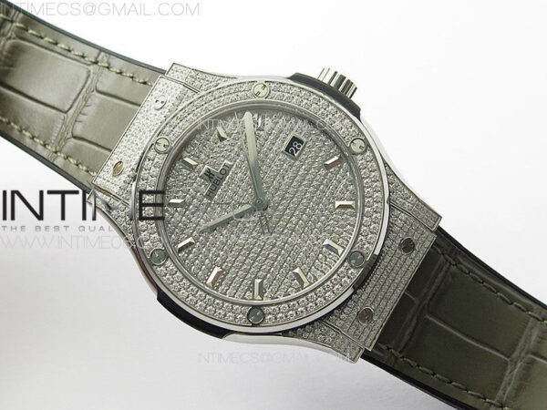 Classic Fusion 42mm SS Paved Diamonds Case And Bezel B50F Paved Diamonds Dial On Gray Gummy Strap A2892 - Image 2
