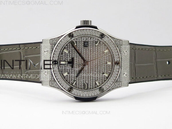 Classic Fusion 42mm SS Paved Diamonds Case And Bezel B50F Paved Diamonds Dial On Gray Gummy Strap A2892 - Image 3