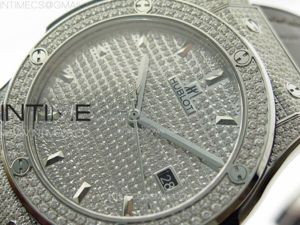 Classic Fusion 42mm SS Paved Diamonds Case And Bezel B50F Paved Diamonds Dial On Gray Gummy Strap A2892 - Image 4
