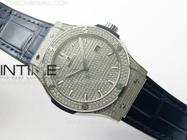 Classic Fusion 42mm SS Paved Diamonds Case And Bezel B50F Paved Diamonds Dial On Blue Gummy Strap A2892 - Image 2