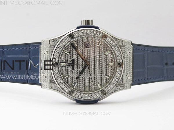 Classic Fusion 42mm SS Paved Diamonds Case And Bezel B50F Paved Diamonds Dial On Blue Gummy Strap A2892 - Image 3