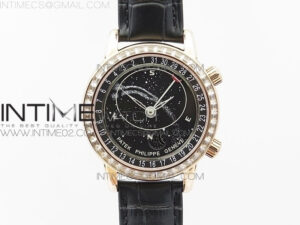 6104P Moon RG Black Dial Diamond Bezel on Black Leather Strap A240